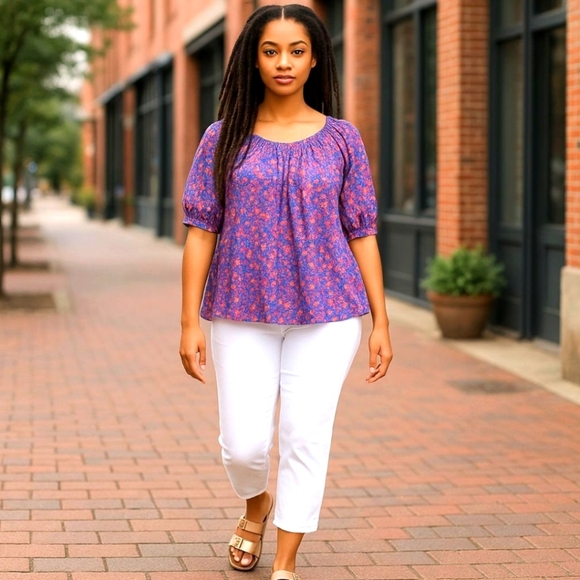 Womens PULL OVER TOP CREWNECK  SMOCKED Flowing FLORAL BLOUSE size 3X PLUS - Picture 1 of 8